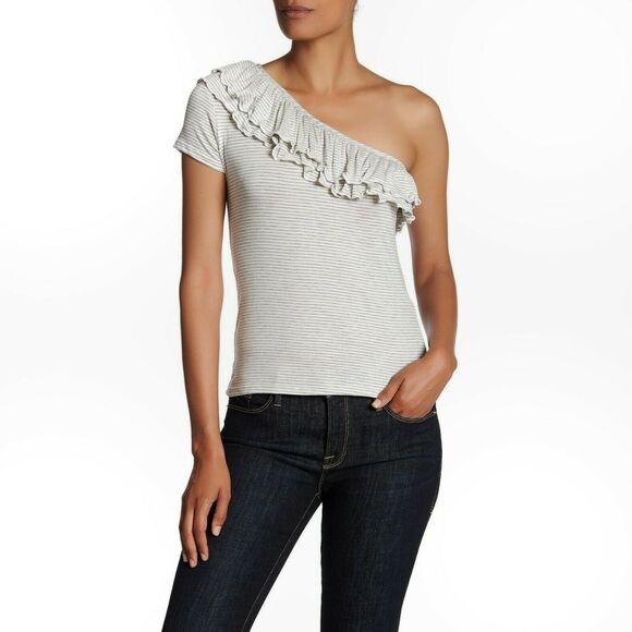 ROMEO + JULIET Couture striped ruffle one shoulder tee shirt top Size Medium NEW - Picture 5 of 5